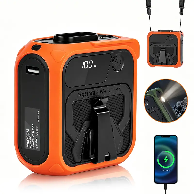 Portable Waist Fan,Rechargeable 5400mAh Battery Power bank，,5Speeds Strong Airflow with Up to 18H RuntimeWearable Cooling FanWaist Clip, Flashlight & PowerDisplayor for Outdoor, Camping, Jobsite, Travel &Indoor Use. Adjustable