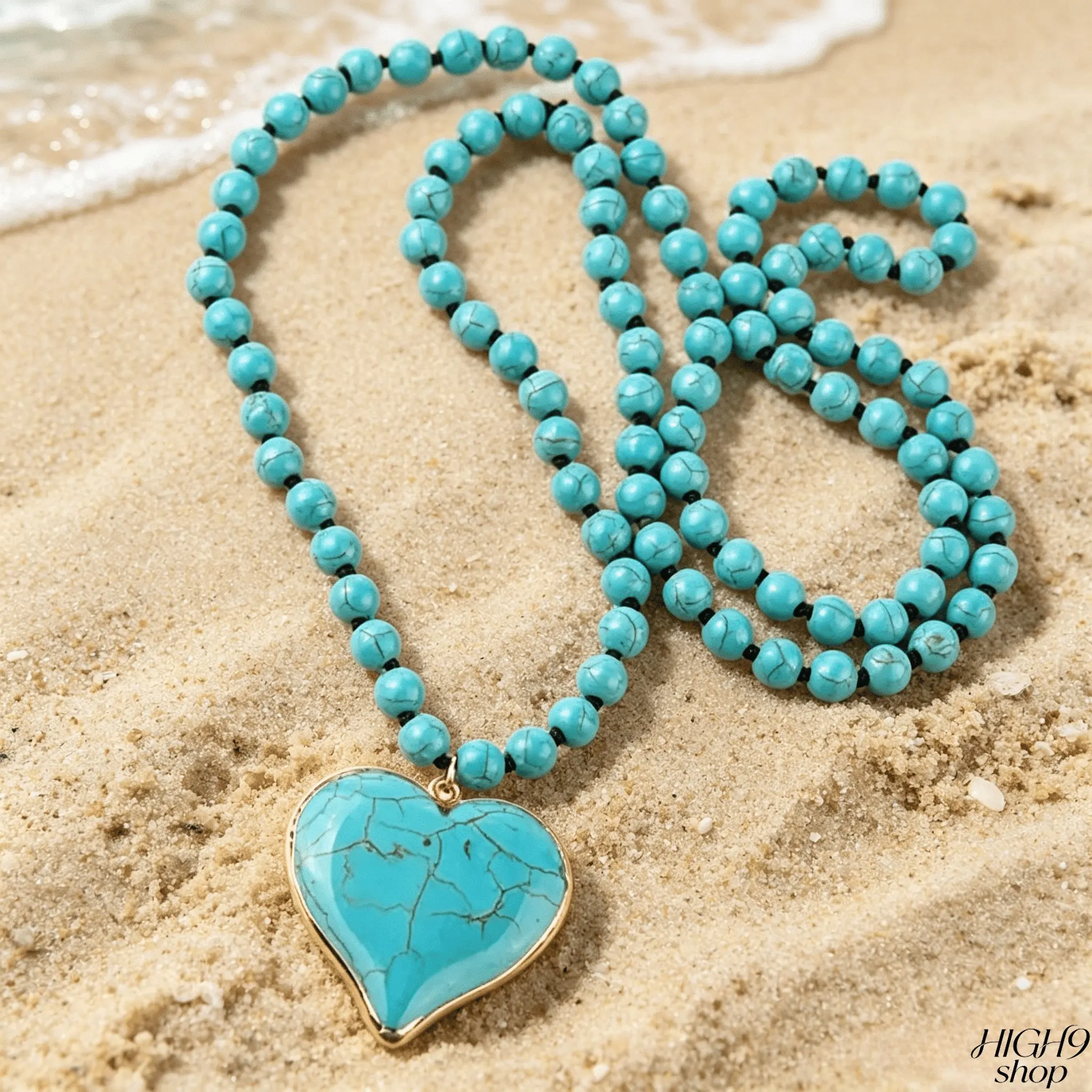 Women's Boho Vintage Turquoise Heart Beaded Pendant Necklace, 86-88cm Layered Chain, Allergy-Safe Blue Gemstone Statement Jewelry for Festival, Beach Vacation & Boho Gift Giving