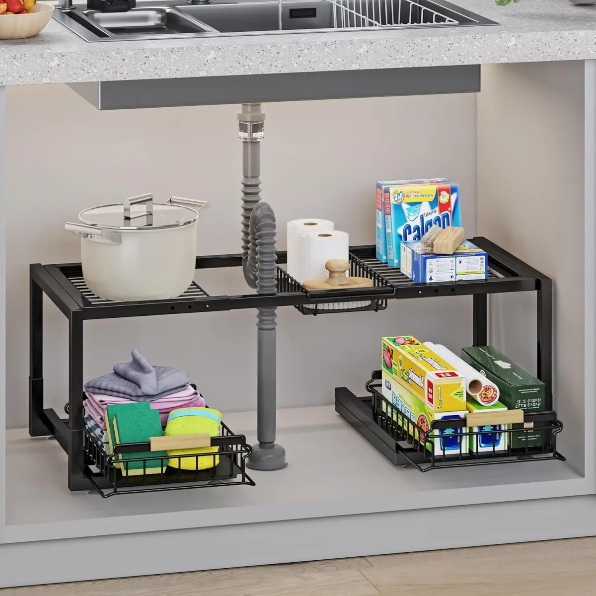Under Sink Organizer,Pull Out Storage Organizer,Kitchen Cabinet Organizer,2 Tier Under Sink Expandable Shelves,Bathroom Cabinet Organizer with Sliding Drawers