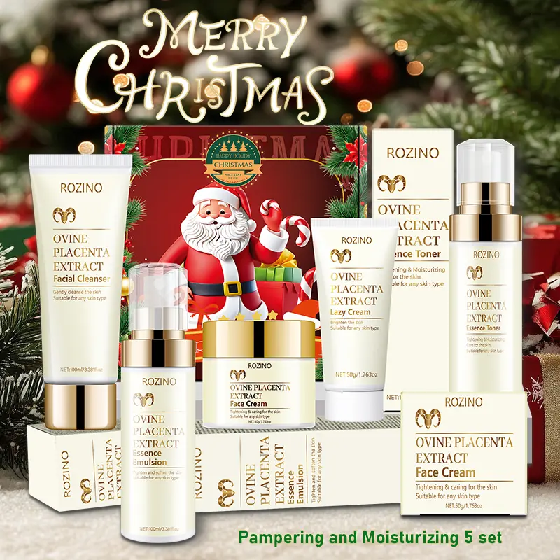 ROZINO Ovine Placenta Extract Skincare Set, 5-Piece Christmas Gift Kit with Facial Cleanser, Essence, Emulsion, Face Cream & Lazy Cream for Daily Nourishing, Hydrating, Moisturizing & Smooth Comprehensive Care (1 Set), Moisturizer, One Set