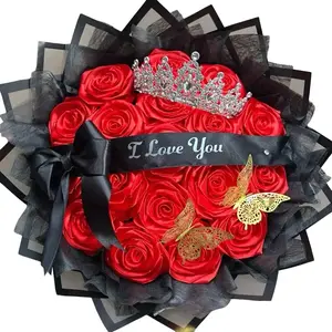 Eternal Rose Bouquets 18-100 Count Red Eternal Rose Bouquet with Korean Tissue Paper Big Crown & Gold Butterflies Romantic Gift Set