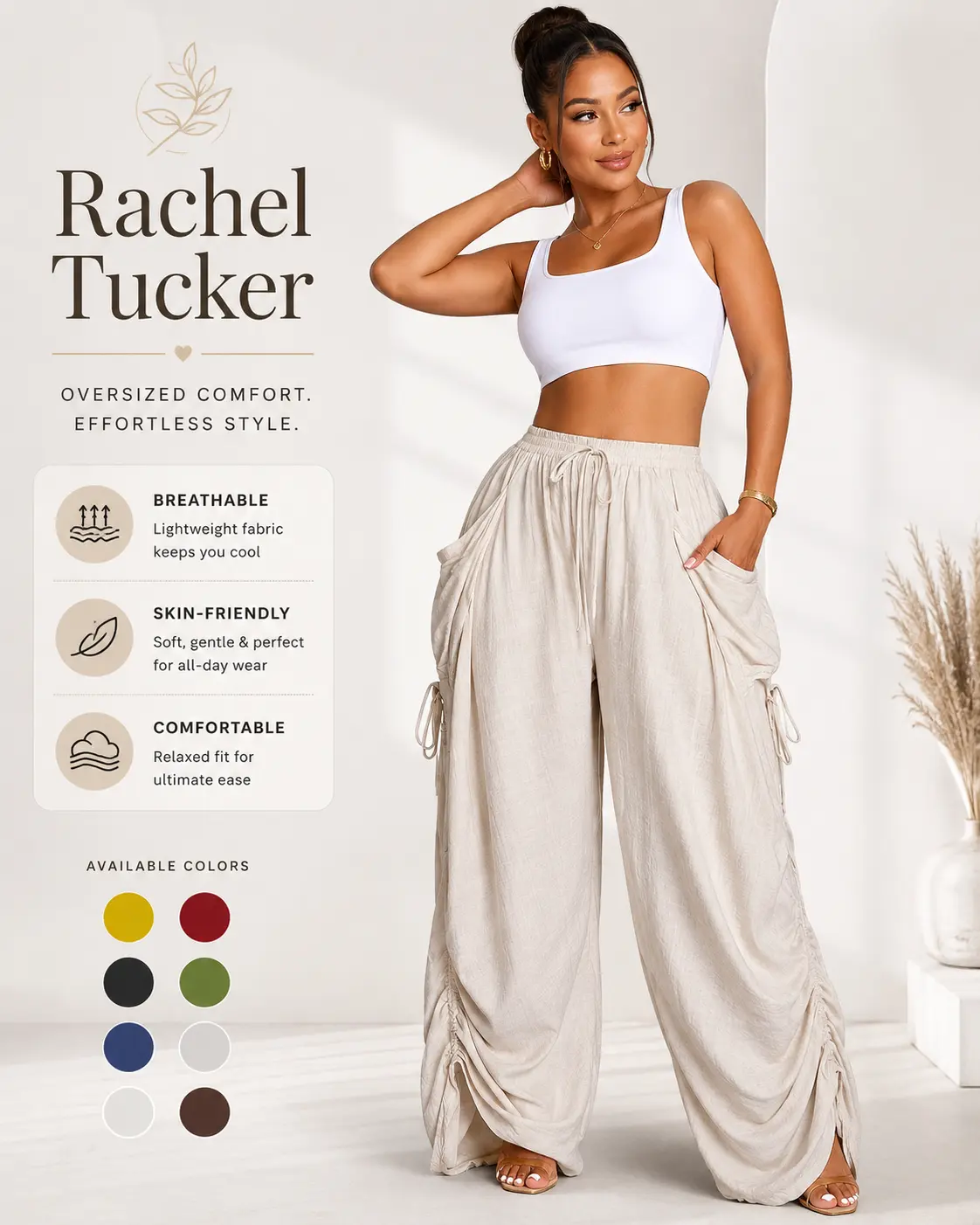 Rachel Tucker Women's Summer Casual Basic Solid Color High-Waisted Wide-Leg Bottom Pants, Adjustable Drawstring Side Regular Fit Pants for All Seasons