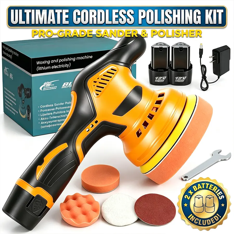6-inch Mini Cordless Car Polisher, includes 2 12V rechargeable batteries, 8-speed settings, 2800–5500 RPM orbital polisher, ideal for detailed car care, polishing, and scratch removal—a perfect gift for Thanksgiving and Christmas