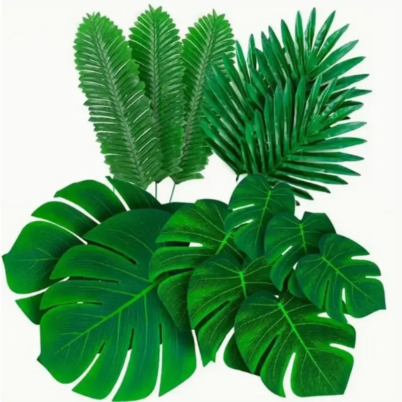 Palm Leaves Artificial Tropical Monstera-20Pcs 5 Kinds Large Small Green Fake Palm Leaf with Stems for Safari Jungle Hawaiian Luau Party Table Decoration Wedding Birthday Theme Party Fake Plant Decoration