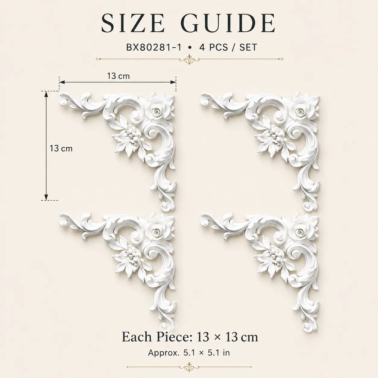 4PCS PU Floral Decorative Corner Appliques, 5.1"x5.1" Paintable European-Style Carved Onlays, DIY Home Decor for Walls, Cabinets & French-Style Furniture