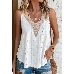 White Lace Crochet Splicing V Neck Loose Fit Tank Top