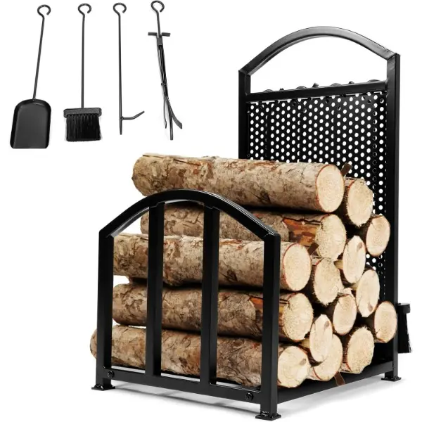 Heavy Duty Indoor-Outdoor Firewood Rack, Contemporary Fireplace Log Storage with Quick Setup, Black Decorative Unit Includes 4 Firewood Tools, Log Rack