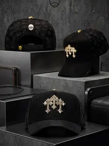 BARBAS Black Suede Cap – Chrome Rose Gold, Rhinestone Embellished, Adjustable Snapback, Full Box