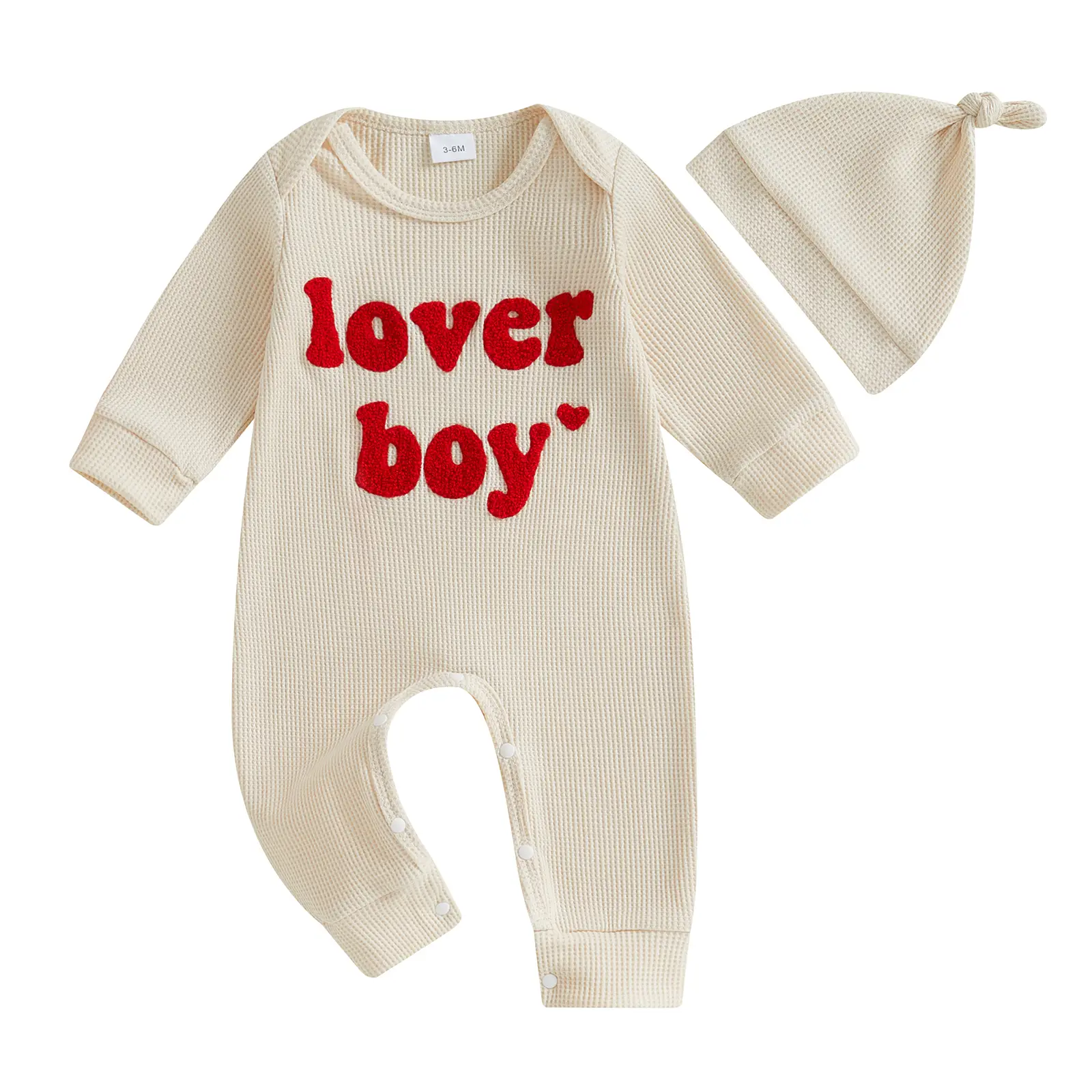 Newborn Baby Boy Valentines Day Outfit Lover Boy Embroidery Sweatshirt Waffle Knit Romper Bodysuit Long Sleeve Jumpsuit Outfits with Hat