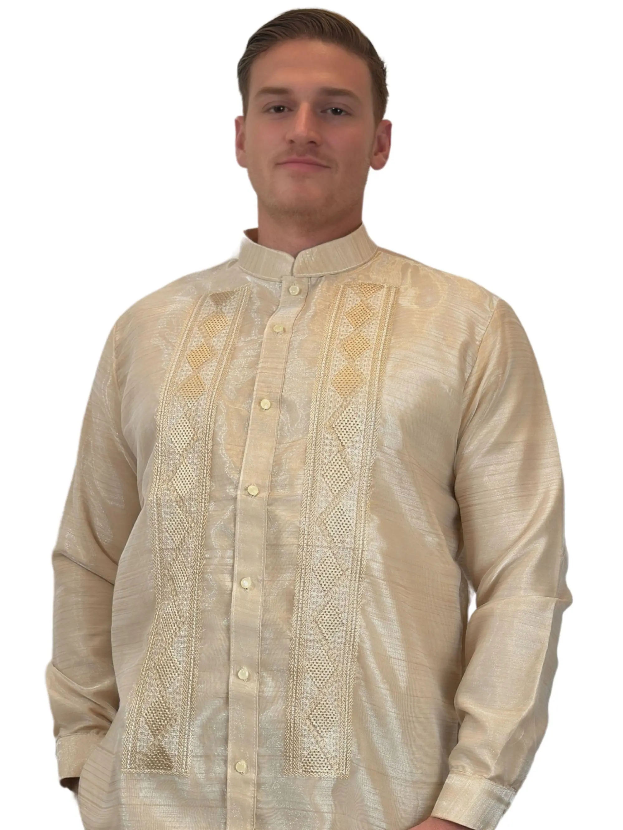 Handmade Barong Tagalog for Men - Beige Organza Pina Style with Chinese Collar, Traditional Filipino Shirt, US Size