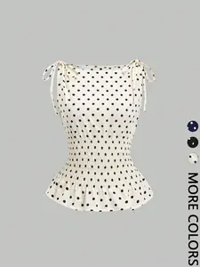 Women's Polka Dot Bow Shoulder Strap Gathered Waist Pleated Vest, Stylish Casual Fitted Top for Everyday Wear, Comfortable and Trendy Design