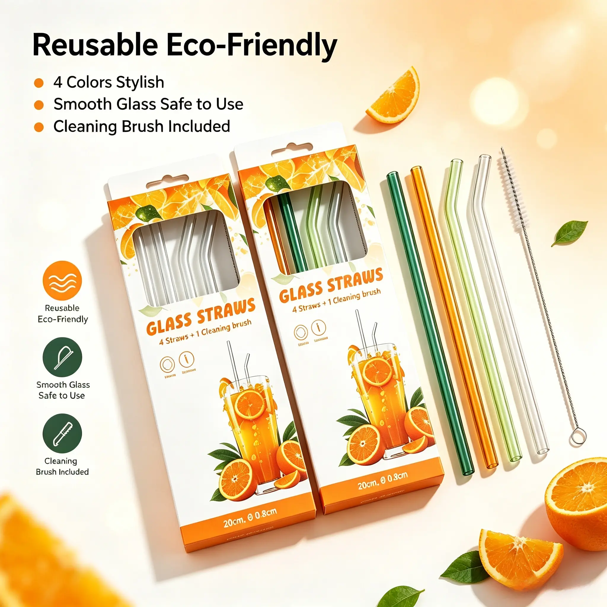 Reusable Glass Straws 4 PCS with Cleaning Brush, Eco Friendly Straight & Bent Drinking Straws, 20cm Smooth Glass Straw for Smoothie Juice Coffee Cocktail