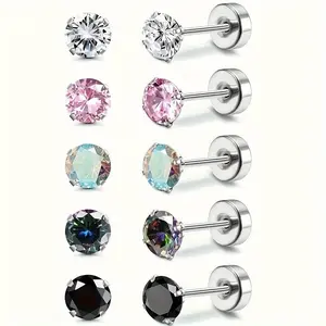 5 Pairs of Stainless Steel Stud Earrings, Unisex Earrings for Sensitive Ears, Cubic Zirconia Medical Grade Stainless Steel Flat-Back Earrings, Hypoallergenic Piercing Cartilage Spiral Earrings - G