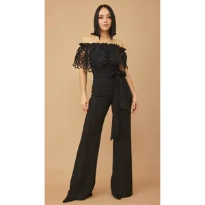 OFF SHOULDER FASHION JUMPSUIT - CROCHET TOP DETAIL,SLEEVELESS, BELT DETAIL