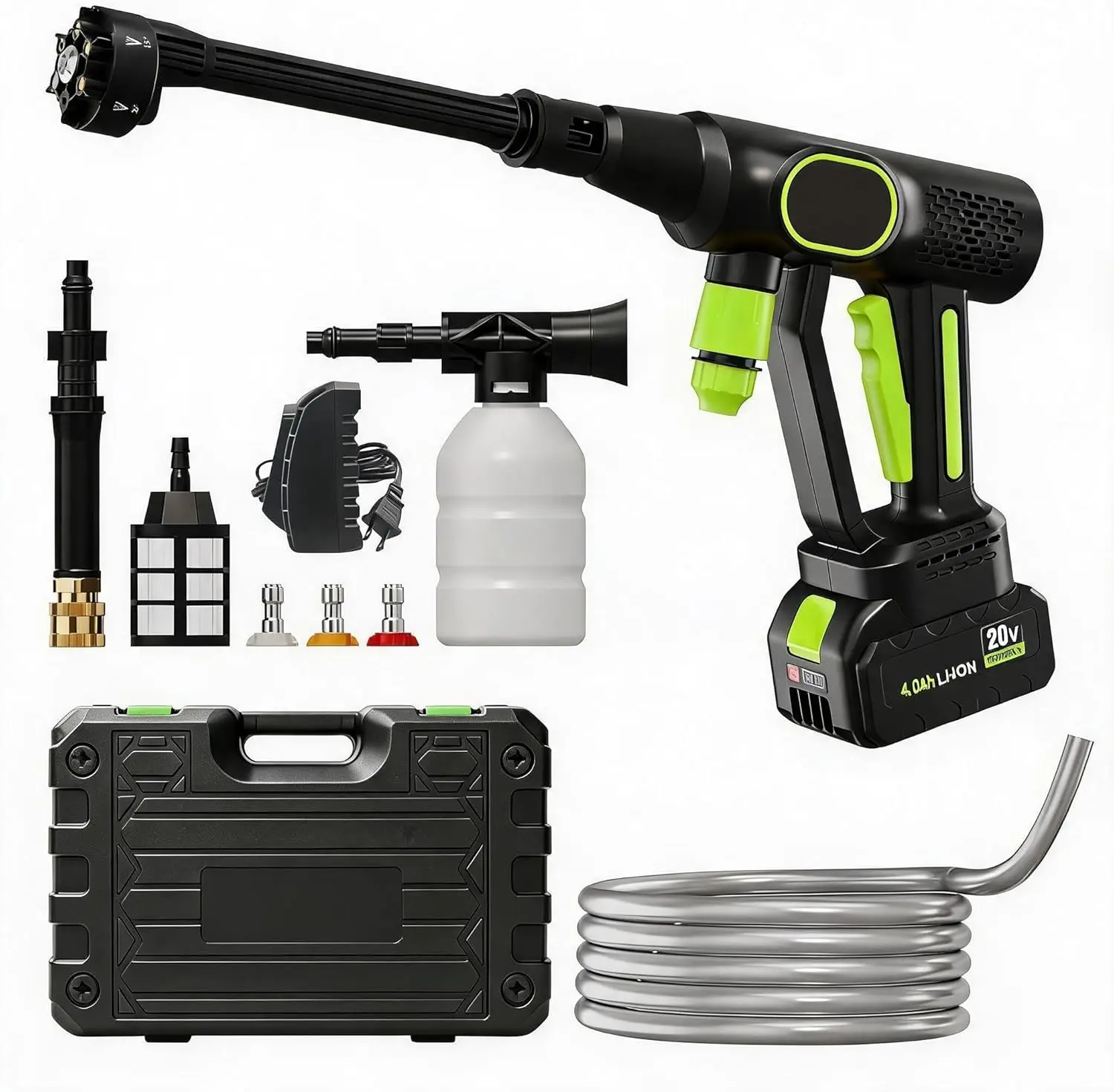 Wireless Pressure Washer 20V, 320PSI Brushless Motor, 6-in-1 Adjustable Nozzle, Foam Cannon, 26ft High-Elastic Hose, 4.0Ah Battery, Portable Power Washer for Car, Home, Garden, Patio Cleaning
