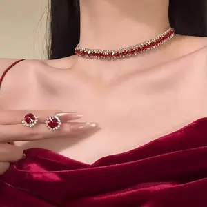 New Sparkling Red Exquisite High-End Collarbone Chain Earring Set Accessories Necklace