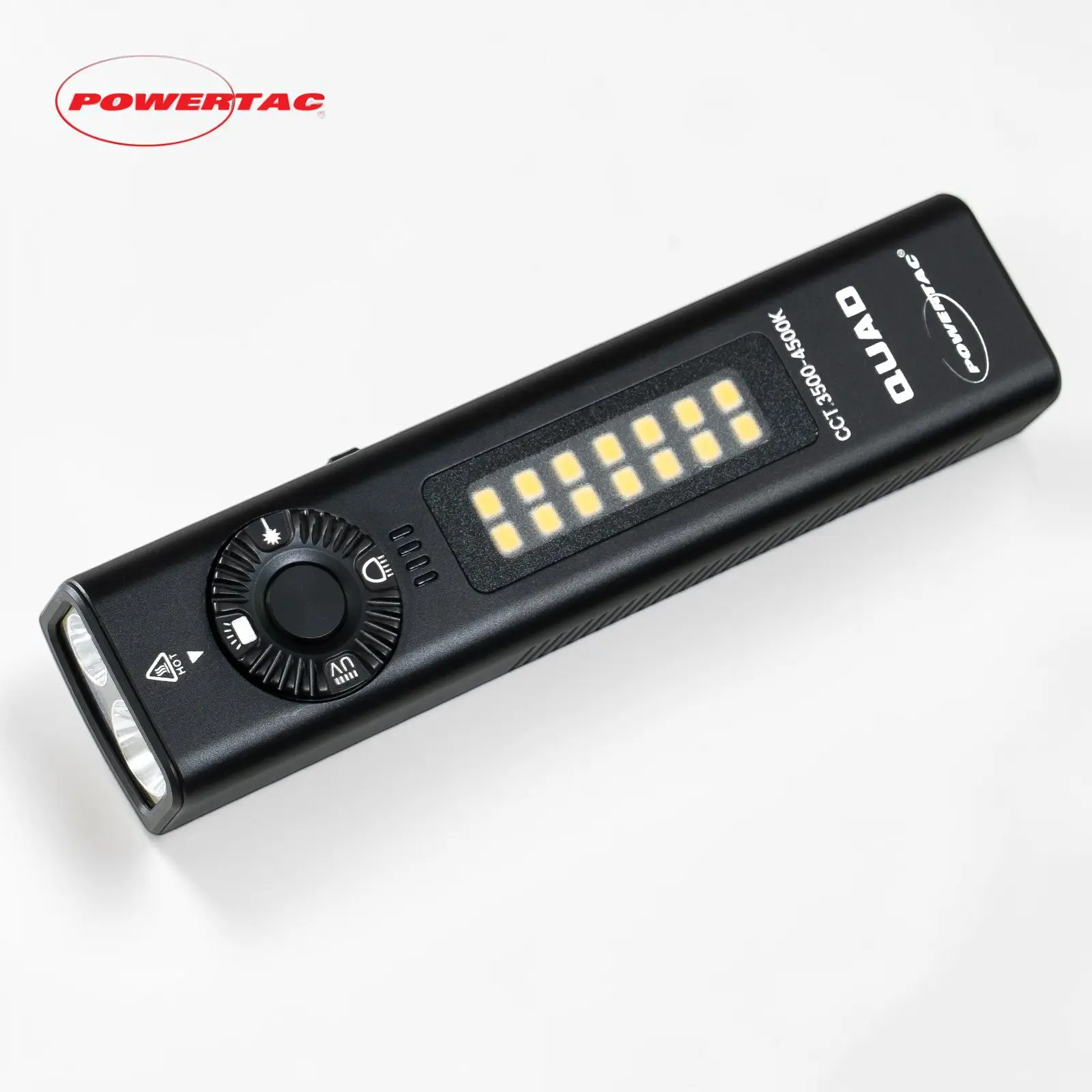POWERTAC QUAD 2000 Lumen Flashlight | 4-in-1 Flat Design | USB-C Rechargeable | Green Laser + UV + Warm Side Light | Brightest Multi-Beam Tactical Light
