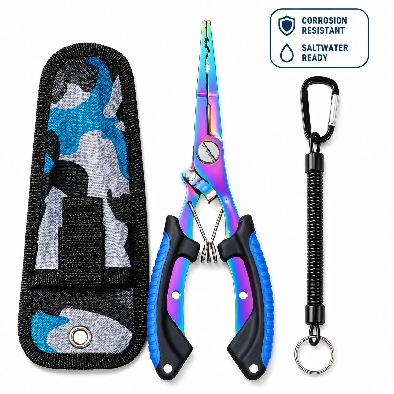 Fishing Pliers with Braid Cutter, Long Nose Split Ring & Hook Remover Tool, Rainbow Titanium Coated, Spring Loaded with Safety Lock, Lanyard & Sheath for Freshwater & Saltwater Fishing
