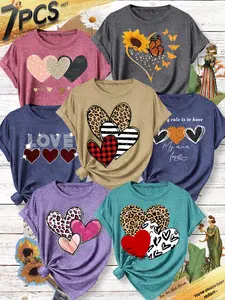 Women's 7-Piece Crew Neck T-Shirt Set, Leopard Print Heart & Sunflower Series Print, Multiple Colors Available, Machine Washable, Casual Spring & Summer Top, Soft Skin-Friendly Fabric, Daily Versatile, Fashion Design, Womenswear