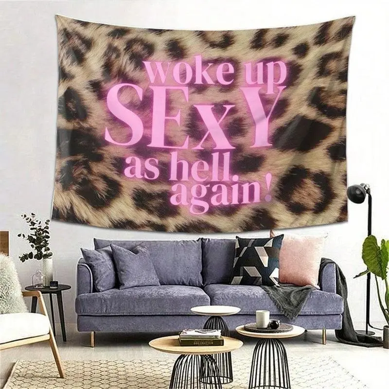 Leopard Animal Print Velvety "Sexy Wake Up" Text Wall Tapestry - Durable Polyester, Lightweight, Easy Hanging, Fantasy Aesthetic Valentines Day Gift, Room Decor Inspo, Ideal for College Dorms, Living Rooms, Animal Print Tapestries