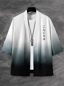 Men's Short Loose Ombre Kimono with Japanese Letter Graphic, Casual Style, Moderate Fabric, Perfect Gift for Boyfriend, Summer Wear