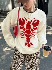 Women's Casual Loose Lobster Pattern Sweater, Fall Winter Solid Color Round Neck Long Sleeve Knit Pullover, Knit Pullover Top, Knitwear, Comfortable and Stylish