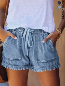 Women's Casual Fashion Adjustable Drawstring Elastic Waist Denim Shorts with Frayed Hem, Summer Comfort Fit Jean Shorts，Perfect for Daily Wear and Leisure Activities, Fringe