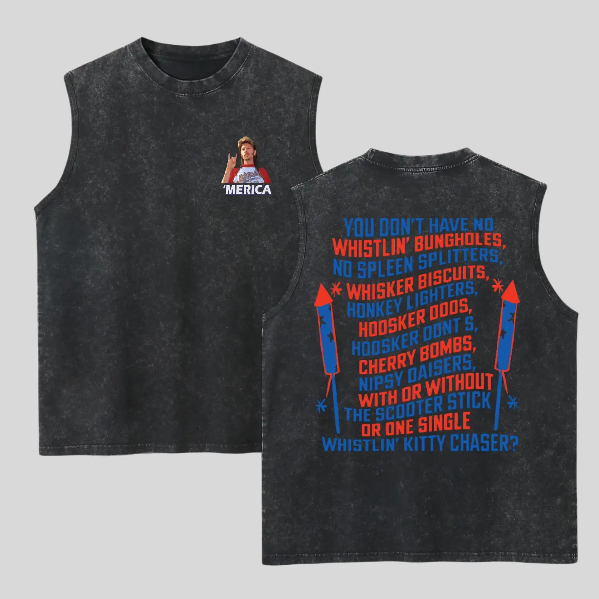 Two-sided Patriotic Joe Dirt Washed Tank Top, Independence Day Shirt, Gym Essential, Vintage Casual Crewneck Short Sleeves Menswear T-shirt Classic Cotton Fabric Streetwear