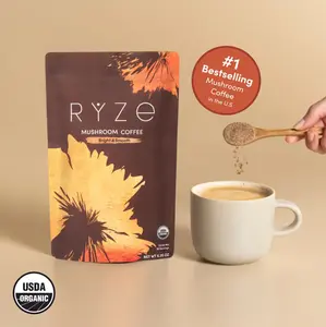 RYZE SUPERFOODS Mushroom Medium Roast Coffee USDA Organic with 6 Adaptogenic Mushrooms, USA Grown Instant Coffee for Better Energy, Focus Digestion Immunity with Lions Mane & Turkey Tail 30 Servings