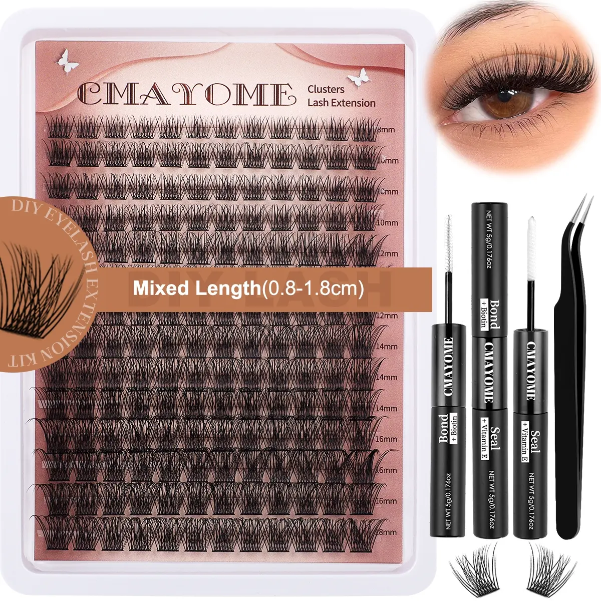 Volume Fluffy Eyelash Clusters Kit DIY Lash Extension Kit D Curvature Eyelash Extensions with Lash Bond and Seal Waterproof Tweezers,10-14mm Eye Corner Eyelashes and 16-18MM Cluster Lashes(300PCS,80D+100D)