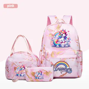 Three-Piece Backpack Set, Cute Backpack, Cartoon Rainbow Unicorn Theme, Adjustable Straps, Zip Closure, Perfect for Outdoor Travel, Daily Commute, Home Parties, Rainbow Bag