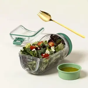 Portable-Salad-Jar Side Opening,Salad-Pod with Dressing Cup & Lid Container for Lunch Lid Converts To Bowl Leakproof Design for Office, Travel, Picnic, Meal Prep (Green)