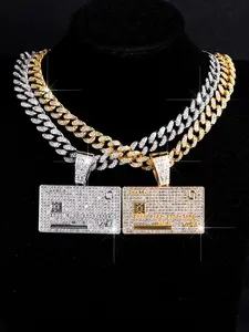 Hip-Hop Iced Out Card Pendants, Blingbling Cuban Link Design Chain Necklaces, Punk Jewelry Accessories for Men and Women, Daily Wear, Modern Versatile Accessories
