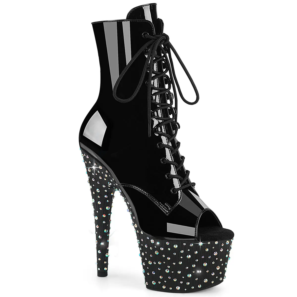 Pleaser Women's Stardance-1021 Patent Lace-Up Ankle Boots with 7" Heel, Peep Toe and Rhinestone Platform, Footwear, High Heels, Zip