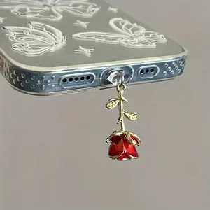 Romantic Rose Phone Dust Plug Charm, Phone Accessory, Phone Decoration, Cell Phone Charm, Coquette Aesthetic Floral Flower Design, Metal Charging Port Cover, Compatible with iPhone & Type-C