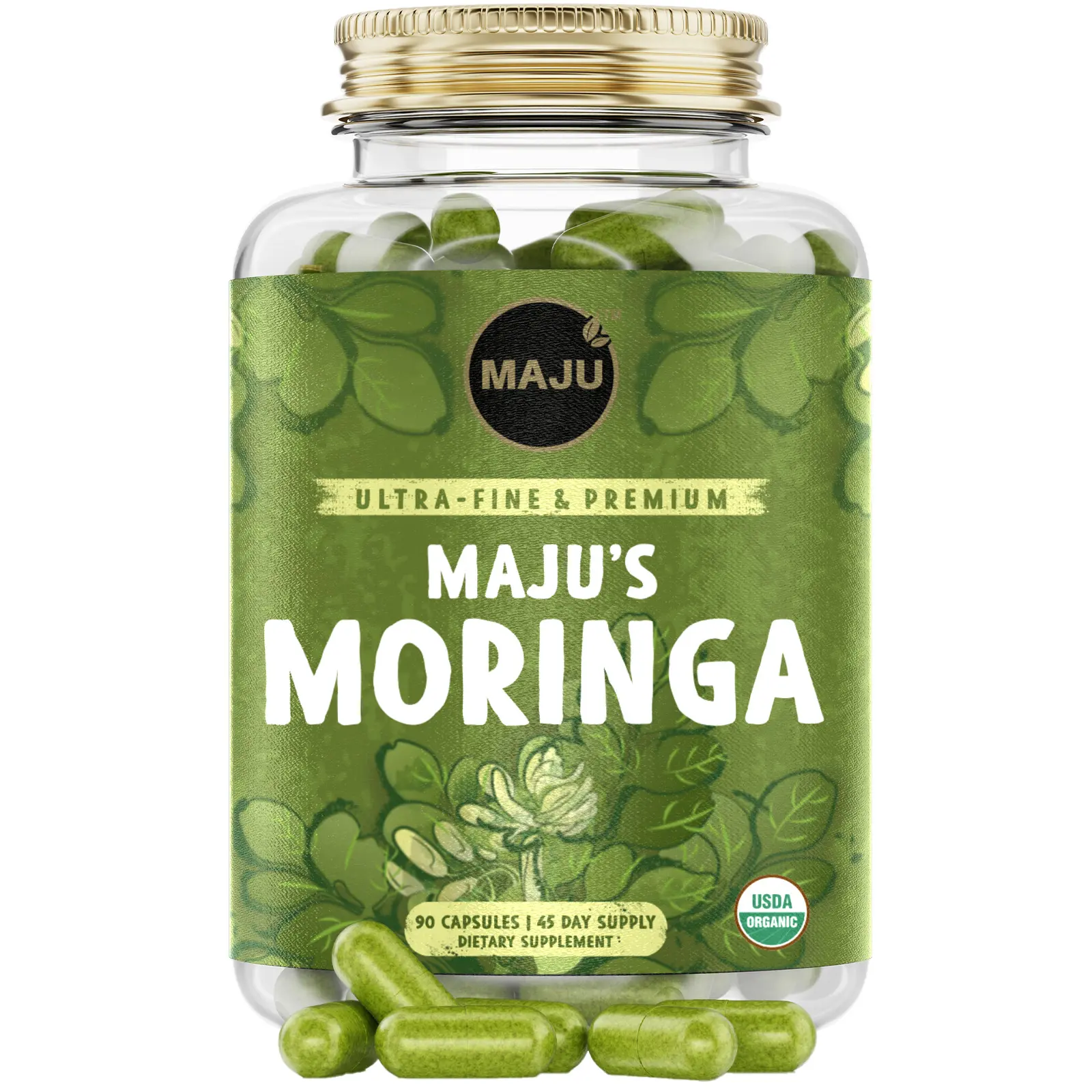 MAJU Moringa Capsules (90ct) - Organic, Non-GMO, Raw, Leaves Hand Picked from the Drumstick Tree and Shade-Dried, Natural Healthcare Dietary Fitness Antioxidant Rich Supplement High Potency Supplement
