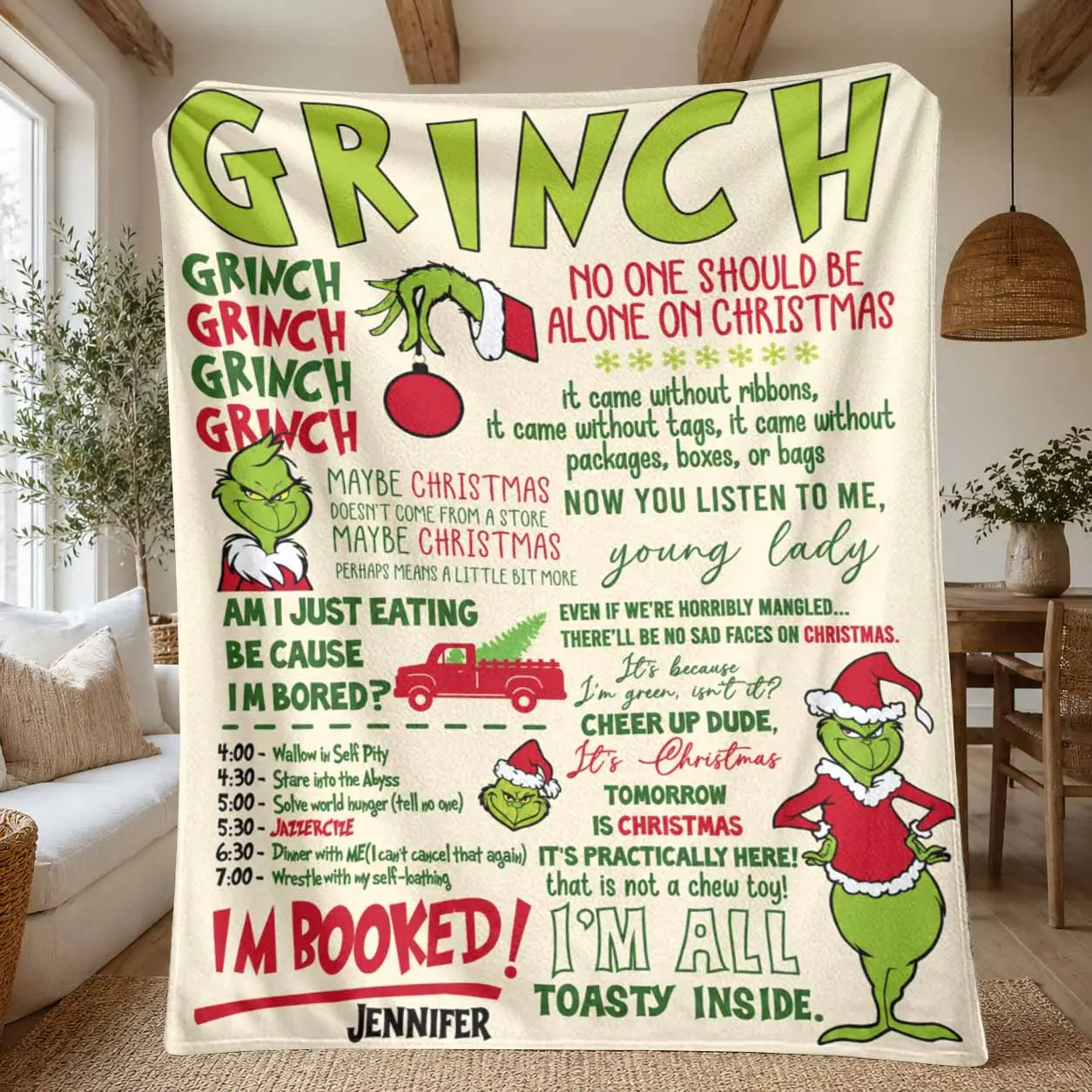 Grinch Flannel Blanket - Festive Holiday Cozy Soft Plush Lightweight Warm Bedding Throw, Ideal for Christmas Eve Parties, Movie Night Snuggling, Home Decor, Housewarming Gifts for Friends & Family