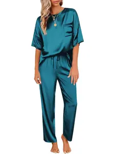 Women's Satin Silk Pajama Set, Short Sleeve Top & Long Pants, Soft Sleepwear for Women, Comfortable Loungewear for Home Use