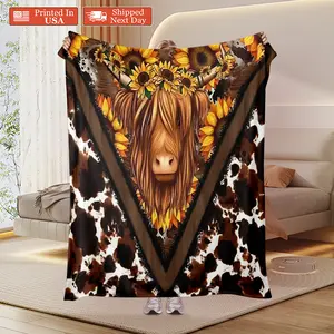 Digital Printed Sunflower & Yak Element Blanket, Crochet Weave Polyester Flannel, Lightweight Soft Camping Travel Blanket for Office Sofa & Bedroom, Portable Multi-purpose Bedding Throw