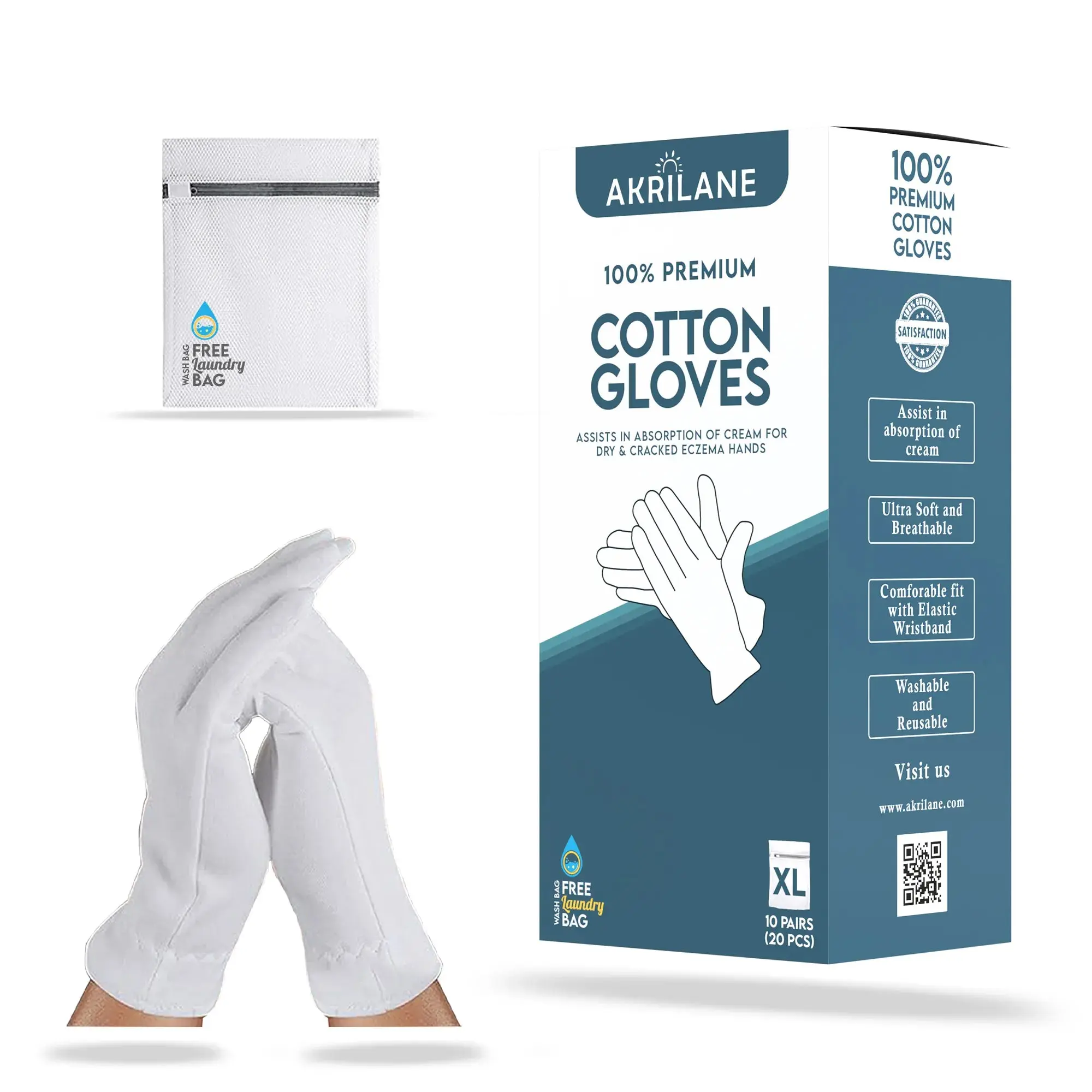 XL Extra Large 100% Premium Cotton Gloves for Dry Hands | Moisturizing Overnight Gloves for Eczema, Psoriasis & Skin Spa Treatment for Women & Men | Washable & Reusable with Free Laundry Bag
