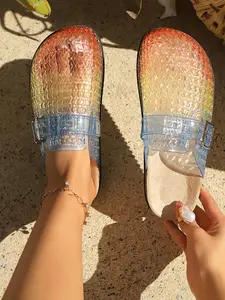 Summer New Women's Gradient Jelly Slippers, Trendy Casual Slippers, Transparent Sequins Shoe Face, Soft Thick Sole Comfortable, Outdoor Wear, Beach Slippers