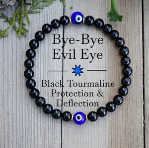 Natural Black Gemstone Crystal Bracelet,  Black Tourmaline Blue Evil eye 6mm Beads Gemstone Handmade Hand Braided Woven Stretch Bracelet