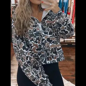 Stay Cozy in Style with our Half Zip-Up Print Sweatshirt camo - Shop Now! Casual Womenswear