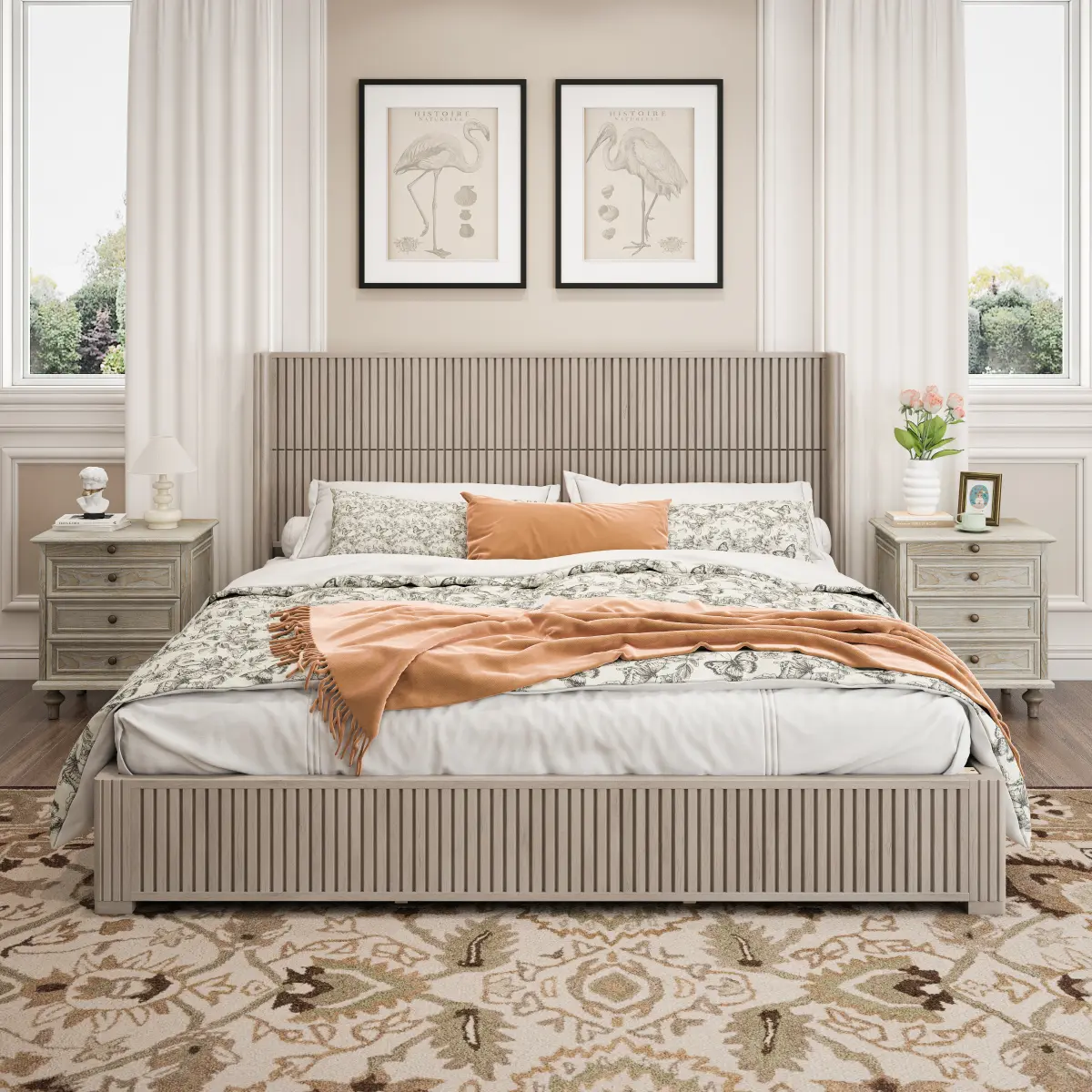 King Size Beige Vertical Grain Solid Wood Platform Bed Frame - 84.21x80.04x46.06in, Rubber-Supported Slatted Base, Floor-Standing Headboard, No Box Spring Needed, Easy Assembly, High Load Capacity