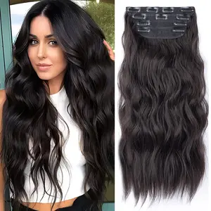 Dark Brown 20 Inch Clip in Hair Extensions Long Wavy Thick Hairpieces Synthetic Fiber Double Weft Hair Extensions for Women