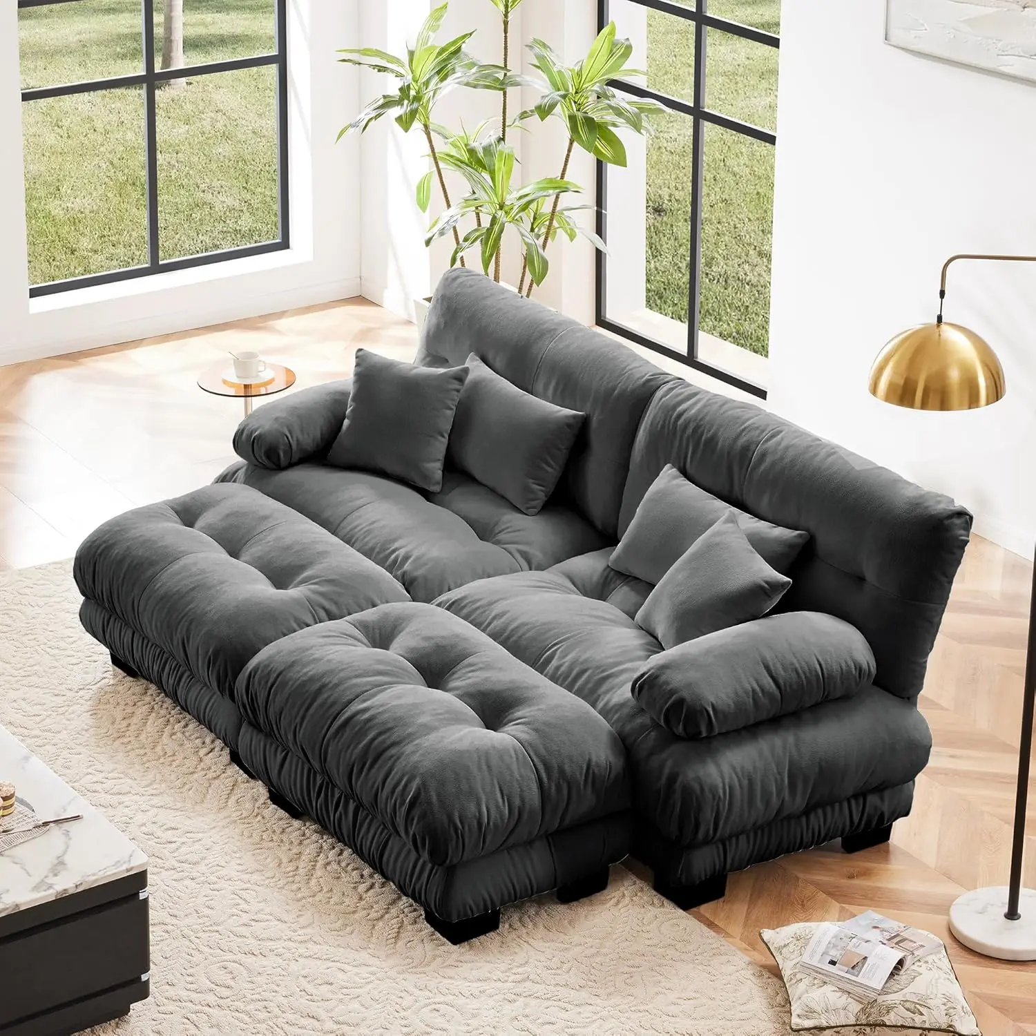 Loveseat Modular Sectional Sofa Couch, U Shaped Couch with Ottoman, Cloud Couch Sectional Couch Home Sofa Living Room Oversized Couch Deep Seat Couch with Round Bolster Armrests 4 Pillows