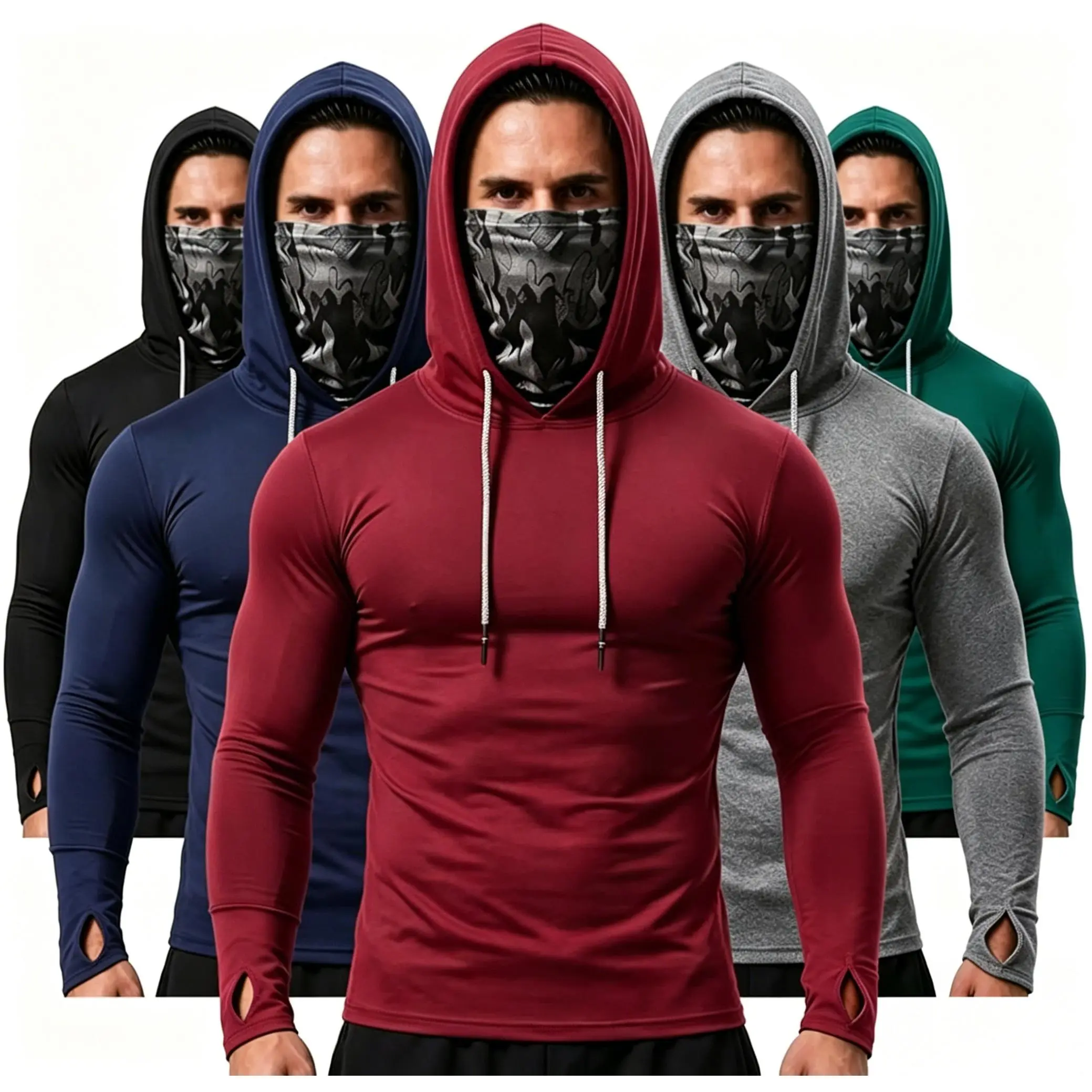 Men's 3/6-Pack UPF 50+ Tight Hoodies, Long Sleeve Compression Work Shirts with Built-in Face Mask, Quick-Dry UV Protection for Outdoor Work & Running