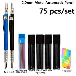 Mechanical Pencils Set, Pencil With Eraser, 75pcs/set Including 2 Counts Metal Automatic Pencil & 5 Boxes Lead & 1 Count Eraser, Stationery Supplies for Home Dormitory School Office, School Supplies