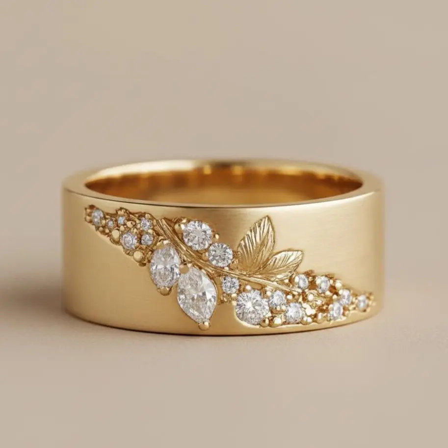 Heart-Melting 18K Gold Leaf & Zircon Inlaid Vintage Wide Band Ring | Valentine's Day Exclusive Gift, April Birthstone, Wedding/Anniversary Present, Daily & Party Jewelry