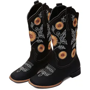 gloryinterest Cowboy Boots for Women Mid Calf Cowgirl Western Boots Sunflower Embroidery Stitched Square Toe Low Heel Black Brown Yellow US6-10.5
